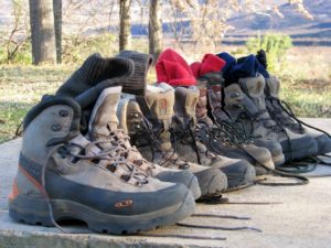 several hiking shoes lined up